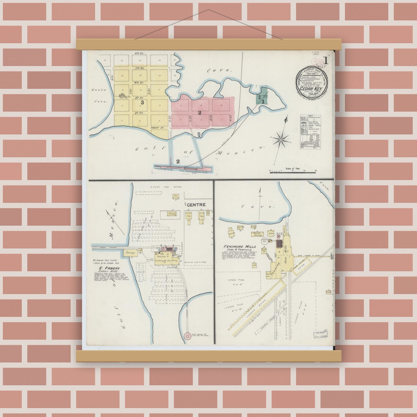 Old map wall art mockup — magnetic wood frame on brick wall — Sanborn Fire Insurance Map from Cedar Key, Levy County, Florida (1890), Sheet #0001
