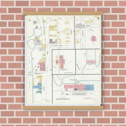 Old map wall art mockup — magnetic wood frame on brick wall — Sanborn Fire Insurance Map from Constantine, Saint Joseph County, Michigan (1909), Sheet #0005