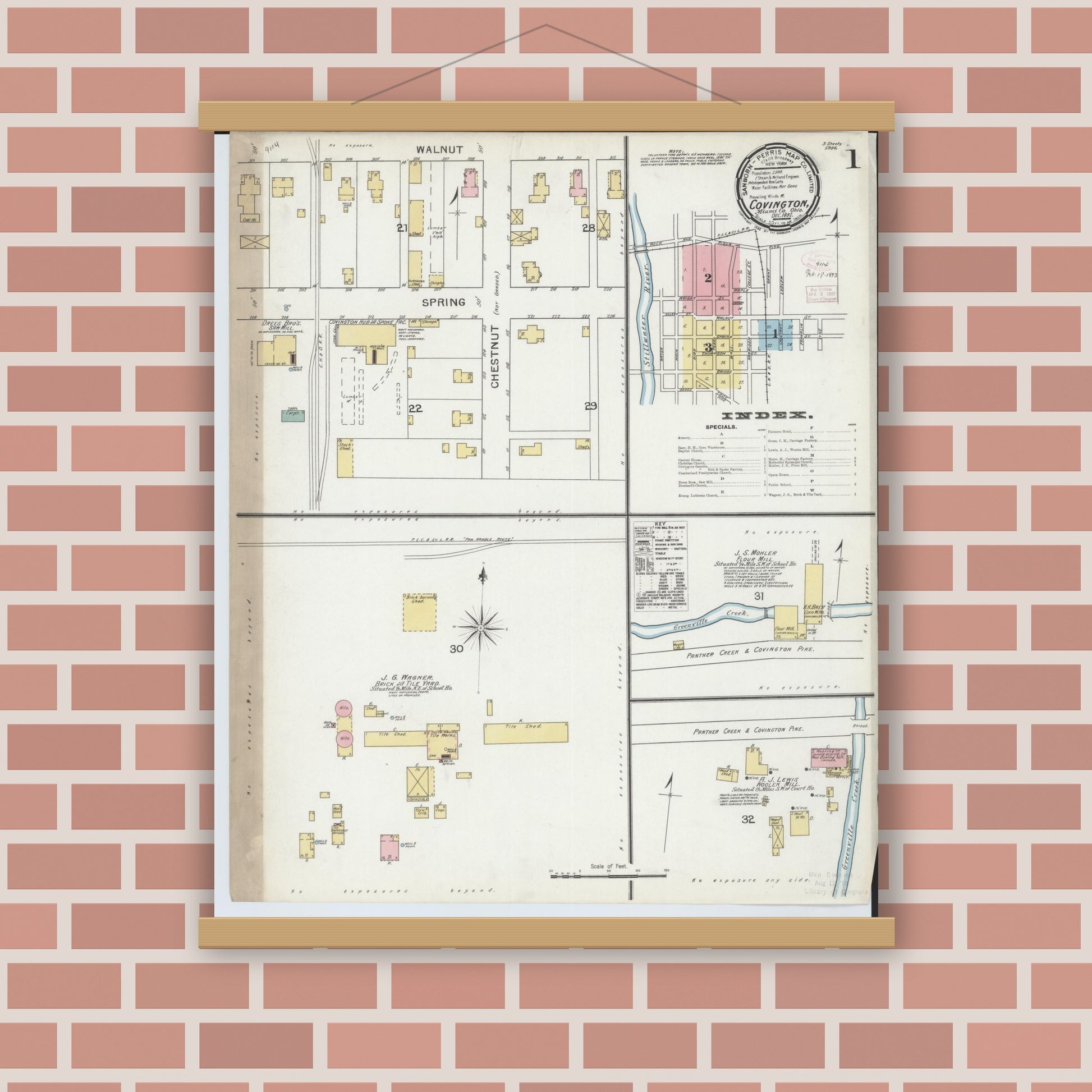 Old map wall art mockup — magnetic wood frame on brick wall — Sanborn Fire Insurance Map from Covington, Miami County, Ohio (1892) - Complete Map Set