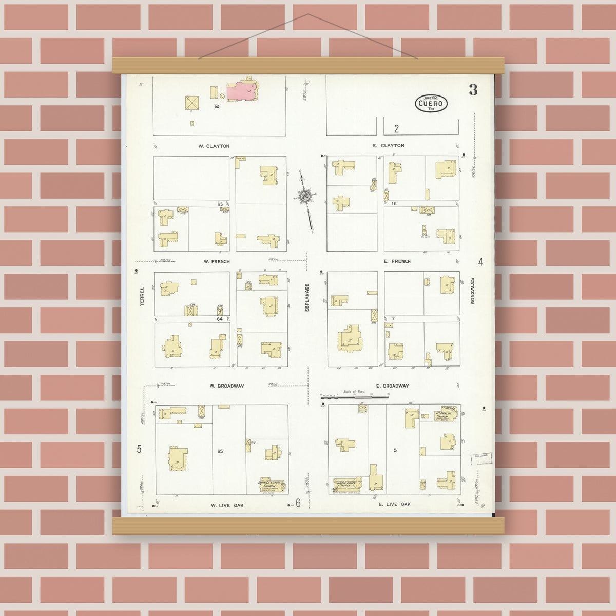 Old map wall art mockup — magnetic wood frame on brick wall — Sanborn Fire Insurance Map from Cuero, De Witt County, Texas (1912), Sheet #0003