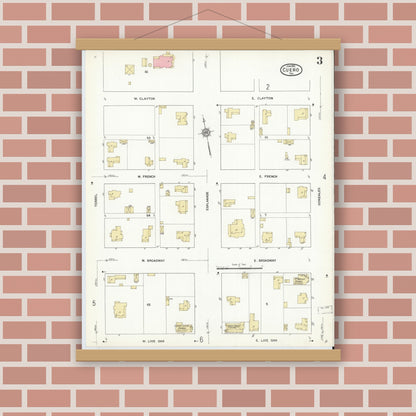 Old map wall art mockup — magnetic wood frame on brick wall — Sanborn Fire Insurance Map from Cuero, De Witt County, Texas (1912), Sheet #0003