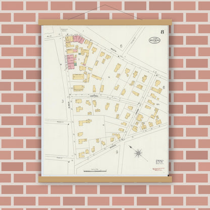 Old map wall art mockup — magnetic wood frame on brick wall — Sanborn Fire Insurance Map from Westboro, Worcester County, Massachusetts (1899), Sheet #0008