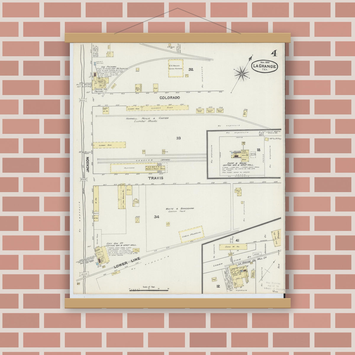 Old map wall art mockup — magnetic wood frame on brick wall — Sanborn Fire Insurance Map from La Grange, Fayette County, Texas (1890), Sheet #0004