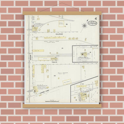 Old map wall art mockup — magnetic wood frame on brick wall — Sanborn Fire Insurance Map from La Grange, Fayette County, Texas (1890), Sheet #0004