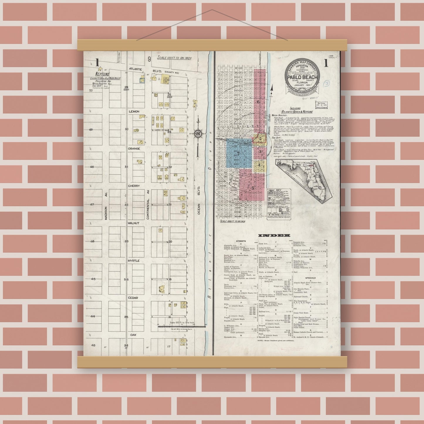Old map wall art mockup — magnetic wood frame on brick wall — Sanborn Fire Insurance Map from Pablo Beach, Duval County, Florida (1924) - Complete Map Set