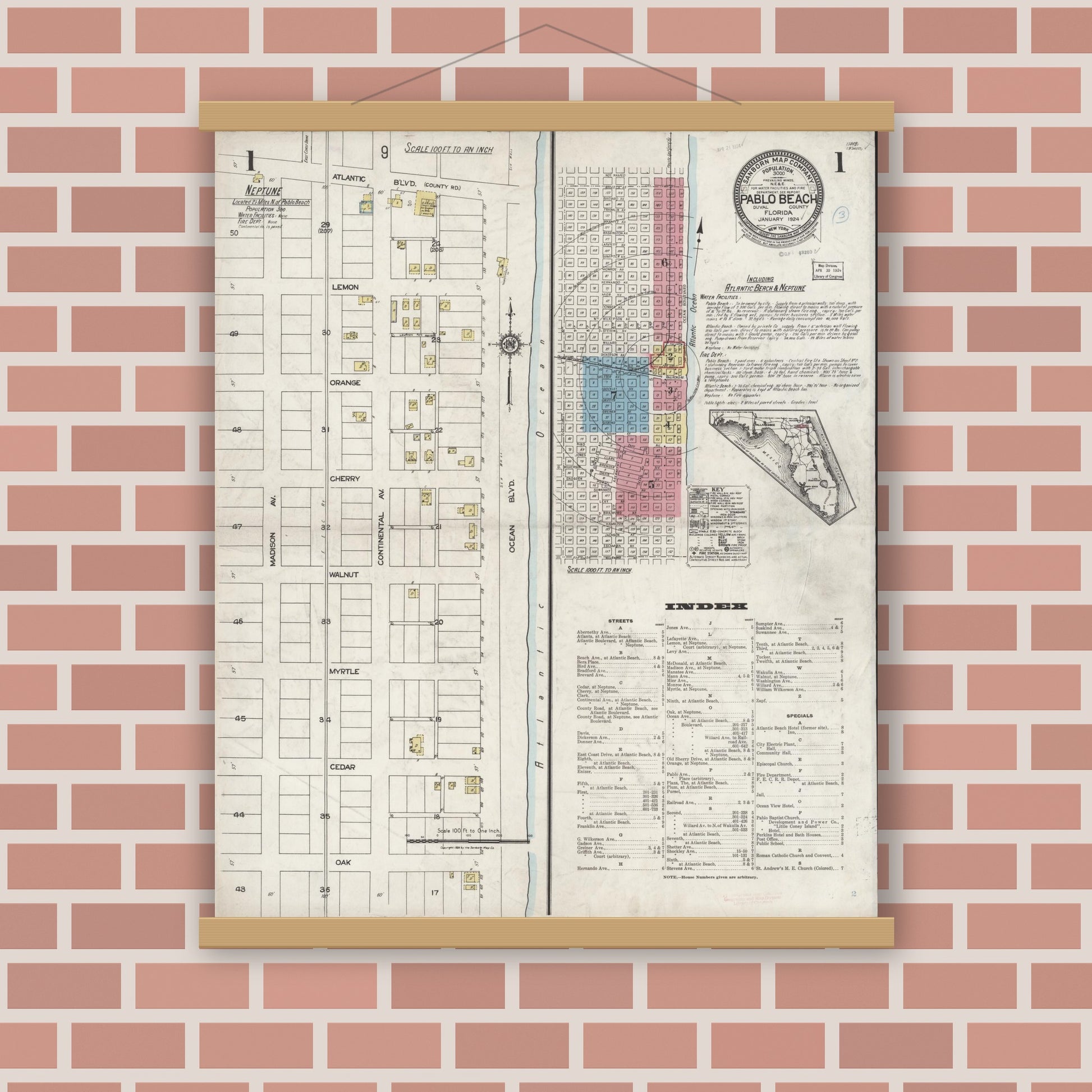 Old map wall art mockup — magnetic wood frame on brick wall — Sanborn Fire Insurance Map from Pablo Beach, Duval County, Florida (1924) - Complete Map Set