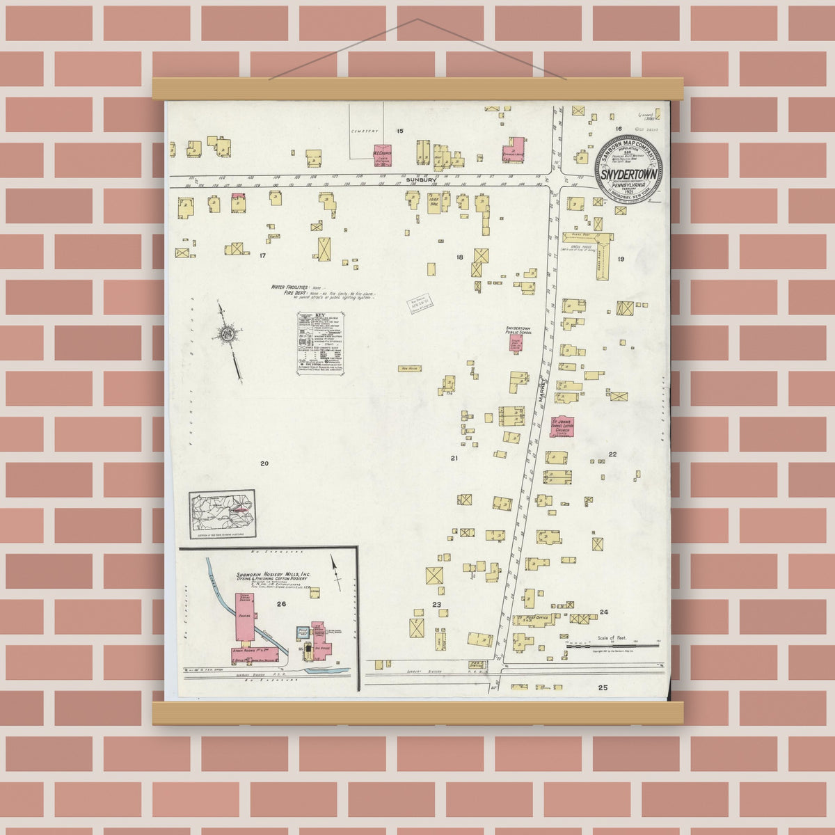Old map wall art mockup — magnetic wood frame on brick wall — Sanborn Fire Insurance Map from Snydertown, Northumberland County, Pennsylvania (1921), Sheet #0001