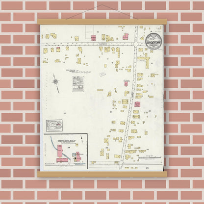 Old map wall art mockup — magnetic wood frame on brick wall — Sanborn Fire Insurance Map from Snydertown, Northumberland County, Pennsylvania (1921), Sheet #0001