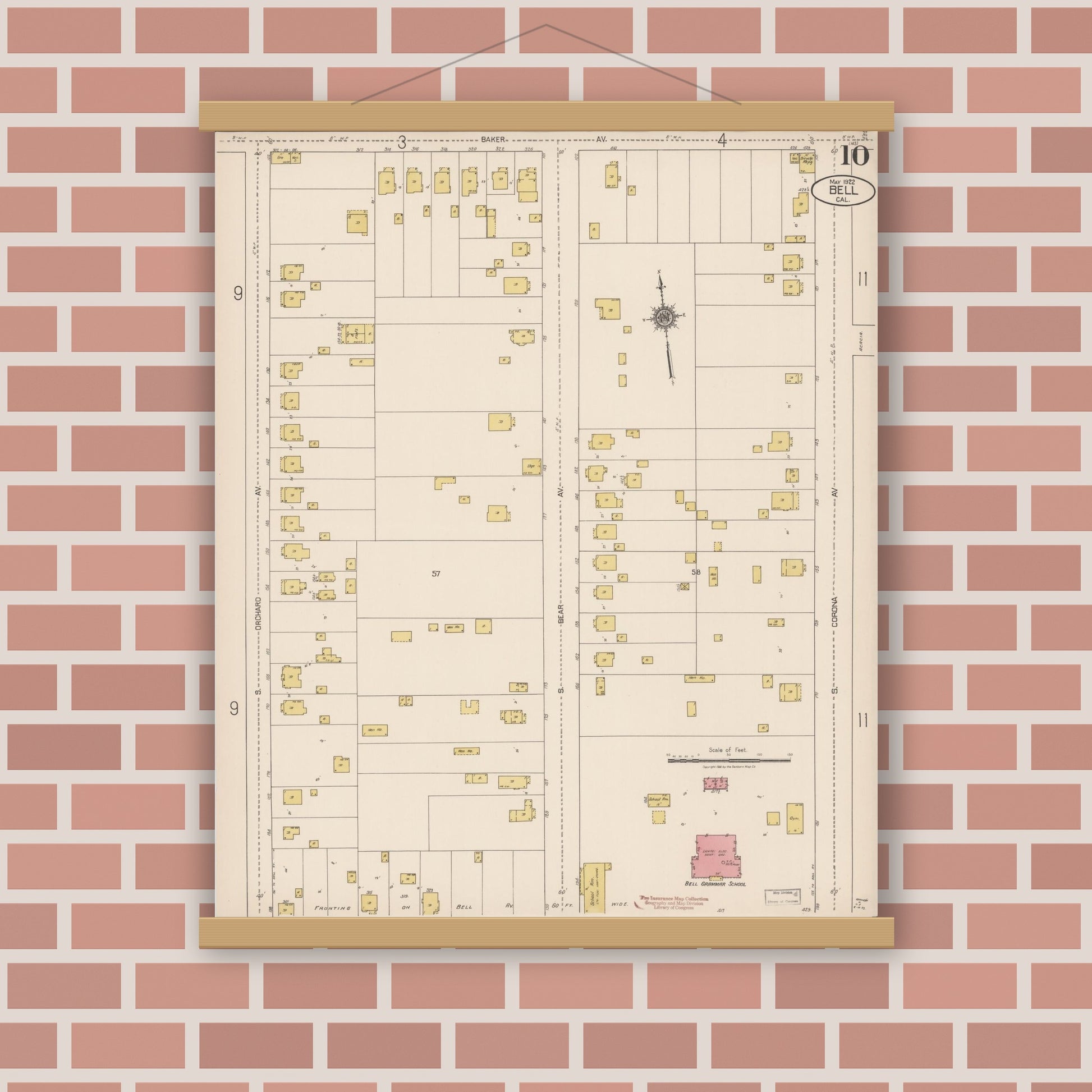 Old map wall art mockup — magnetic wood frame on brick wall — Sanborn Fire Insurance Map from Bell, Los Angeles County, California (1922), Sheet #0010