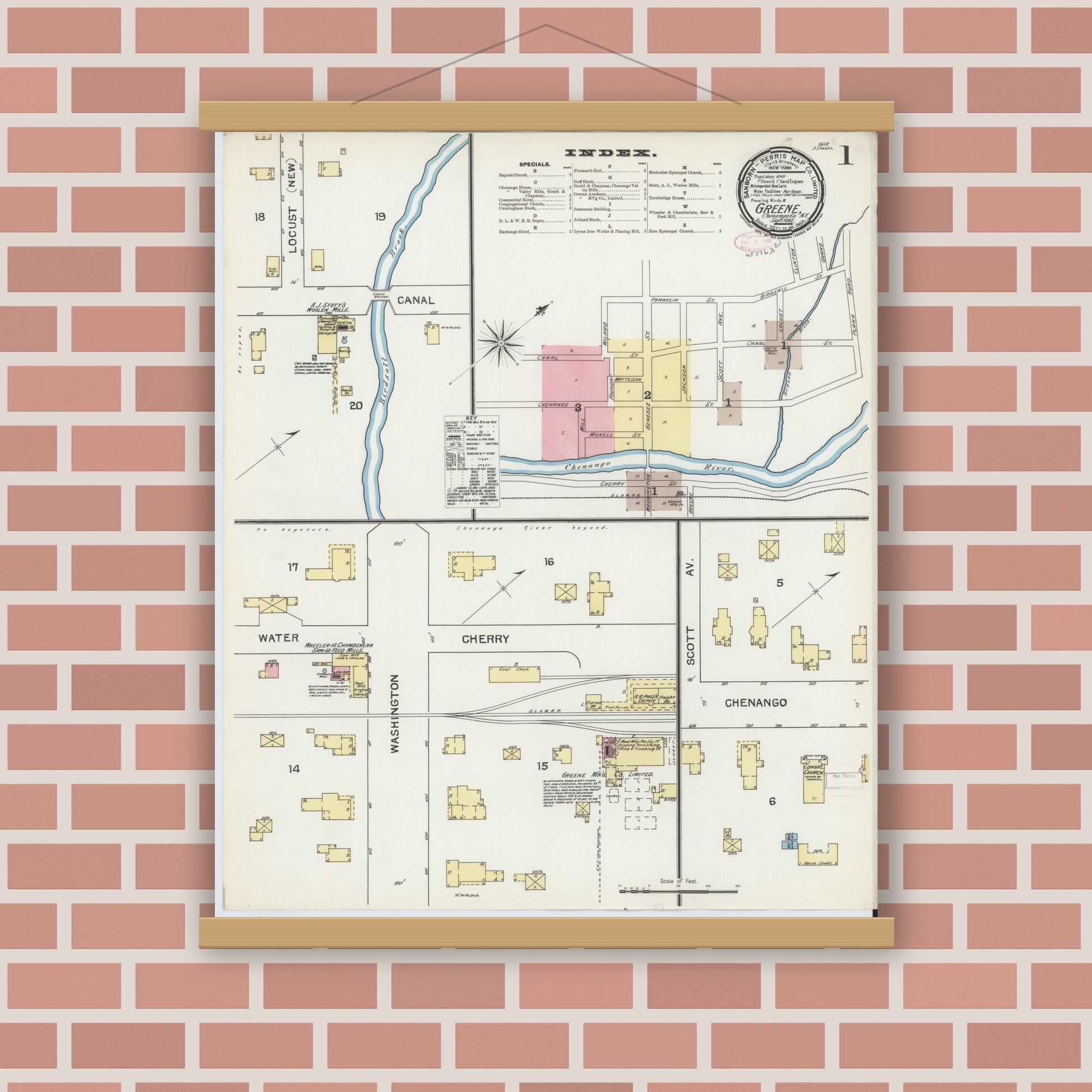Old map wall art mockup — magnetic wood frame on brick wall — Sanborn Fire Insurance Map from Greene, Chenango County, New York (1892) - Complete Map Set
