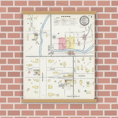 Old map wall art mockup — magnetic wood frame on brick wall — Sanborn Fire Insurance Map from Greene, Chenango County, New York (1892) - Complete Map Set