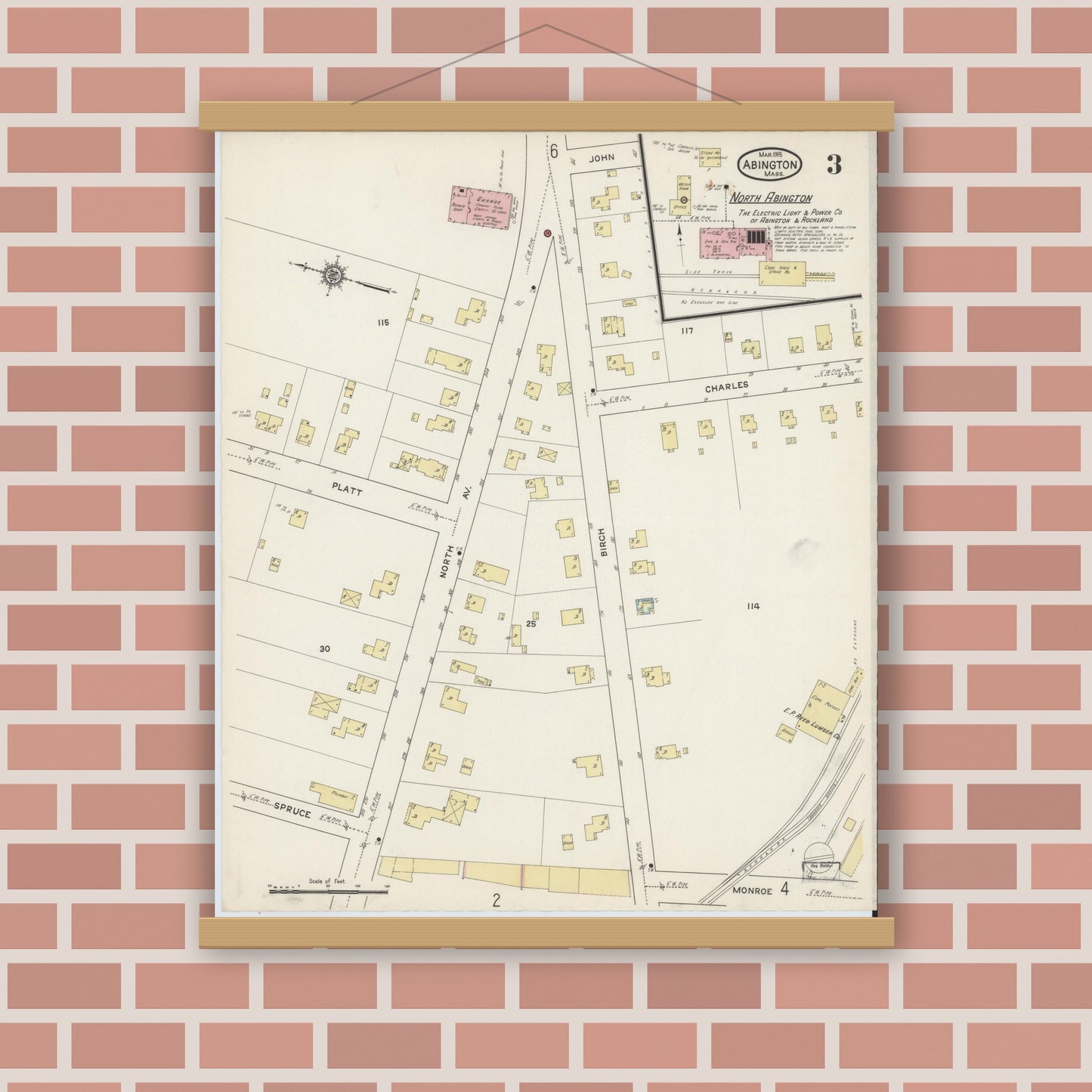 Old map wall art mockup — magnetic wood frame on brick wall — Sanborn Fire Insurance Map from Abington, Plymouth County, Massachusetts (1915), Sheet #0003