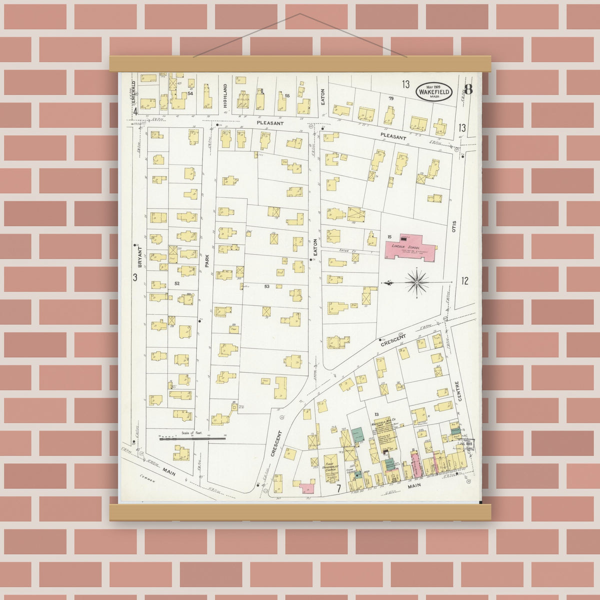 Old map wall art mockup — magnetic wood frame on brick wall — Sanborn Fire Insurance Map from Wakefield, Middlesex County, Massachusetts (1909), Sheet #0008