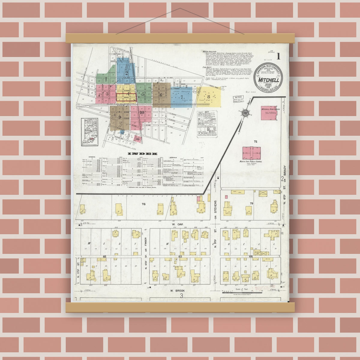 Old map wall art mockup — magnetic wood frame on brick wall — Sanborn Fire Insurance Map from Mitchell, Lawrence County, Indiana (1918), Sheet #0001