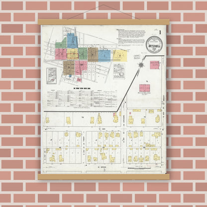 Old map wall art mockup — magnetic wood frame on brick wall — Sanborn Fire Insurance Map from Mitchell, Lawrence County, Indiana (1918), Sheet #0001