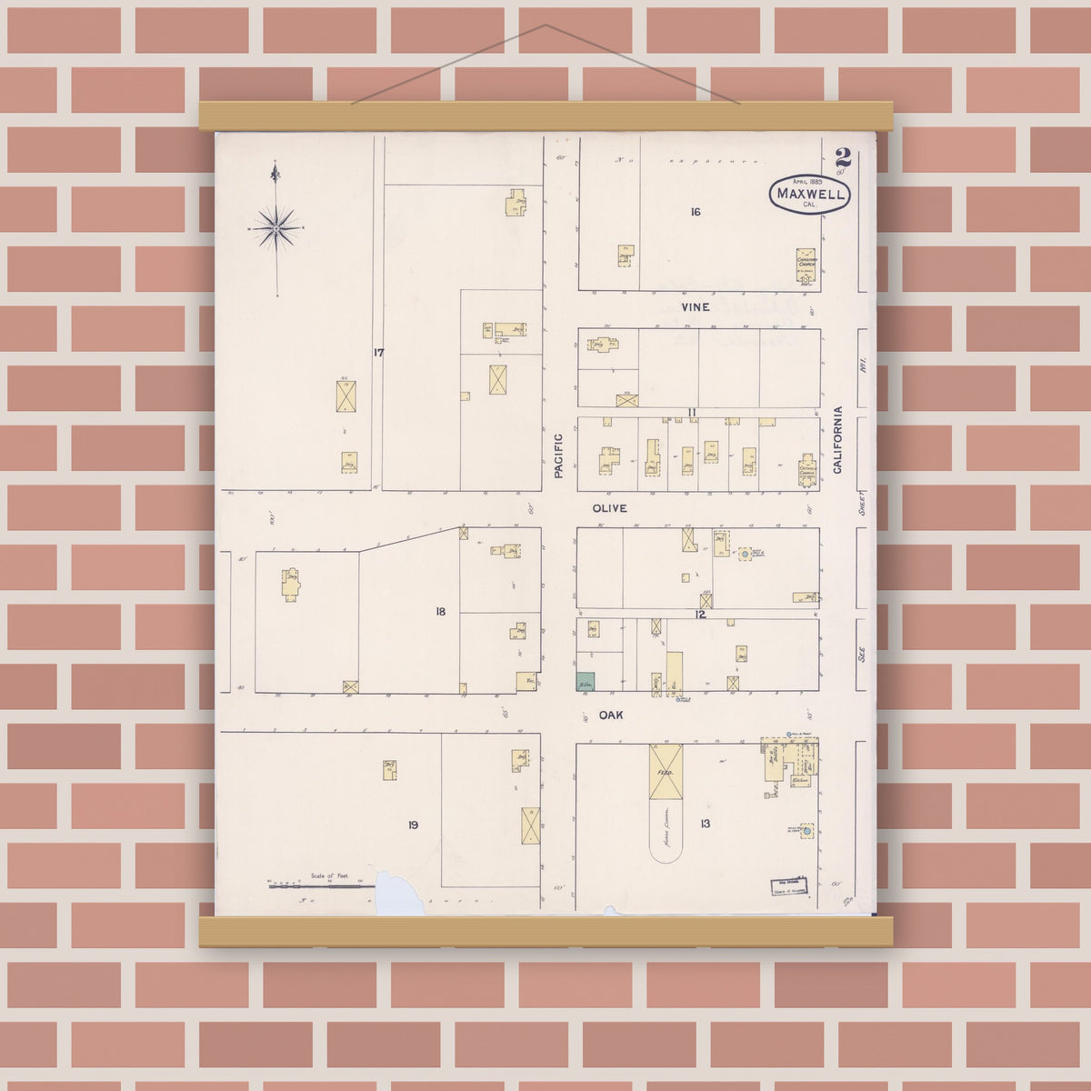 Old map wall art mockup — magnetic wood frame on brick wall — Sanborn Fire Insurance Map from Maxwell, Colusa County, California (1889), Sheet #0002