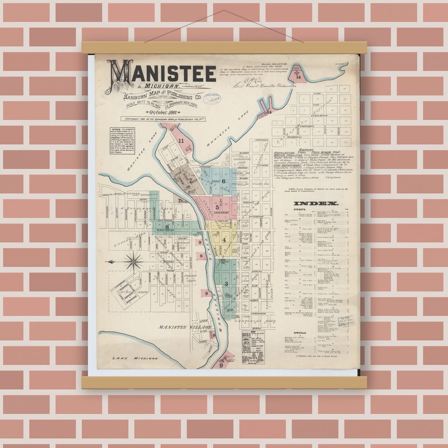 Old map wall art mockup — magnetic wood frame on brick wall — Sanborn Fire Insurance Map from Manistee, Manistee County, Michigan (1883) - Complete Map Set