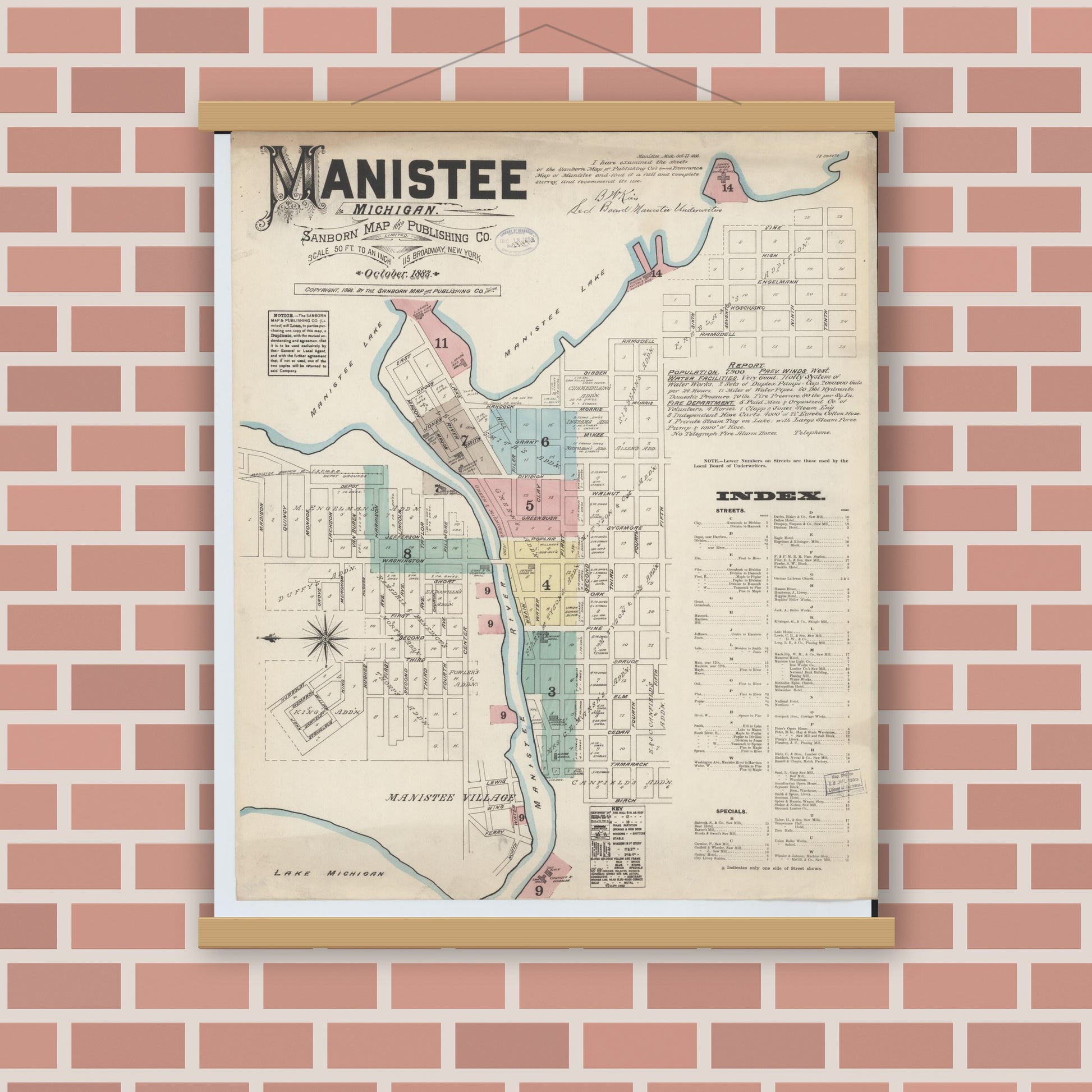Old map wall art mockup — magnetic wood frame on brick wall — Sanborn Fire Insurance Map from Manistee, Manistee County, Michigan (1883) - Complete Map Set