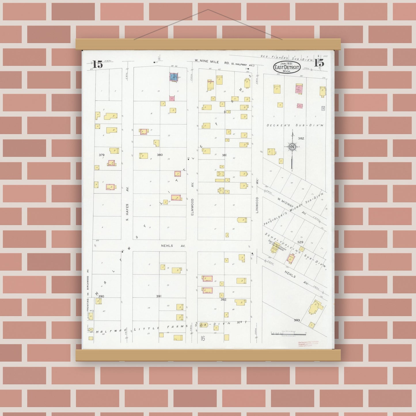 Old map wall art mockup — magnetic wood frame on brick wall — Sanborn Fire Insurance Map from East Detroit, Macomb County, Michigan (1931), Sheet #0015
