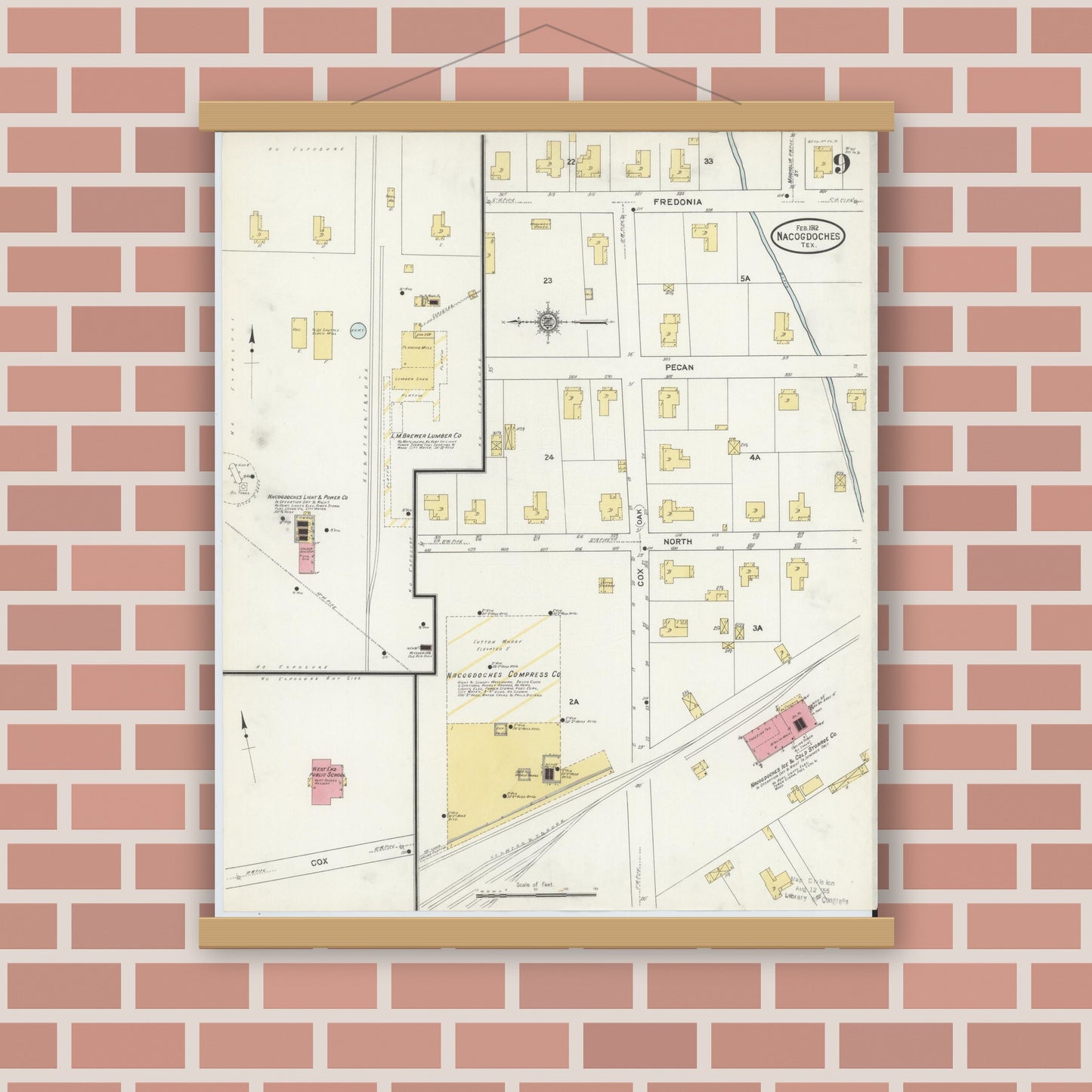 Old map wall art mockup — magnetic wood frame on brick wall — Sanborn Fire Insurance Map from Nacogdoches, Nacogdoches County, Texas (1912), Sheet #0009