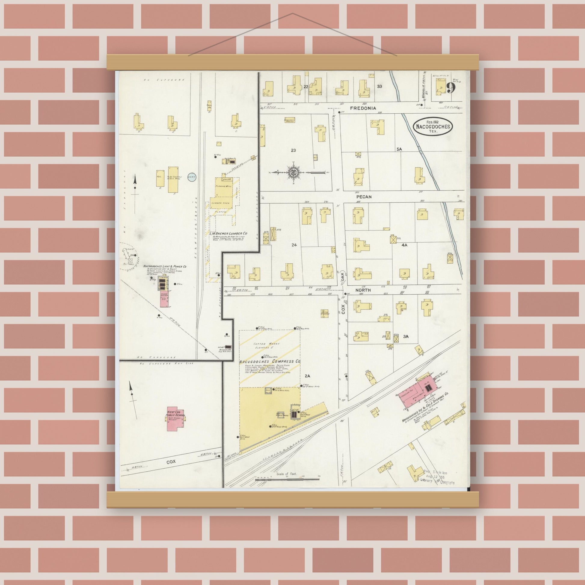 Old map wall art mockup — magnetic wood frame on brick wall — Sanborn Fire Insurance Map from Nacogdoches, Nacogdoches County, Texas (1912), Sheet #0009