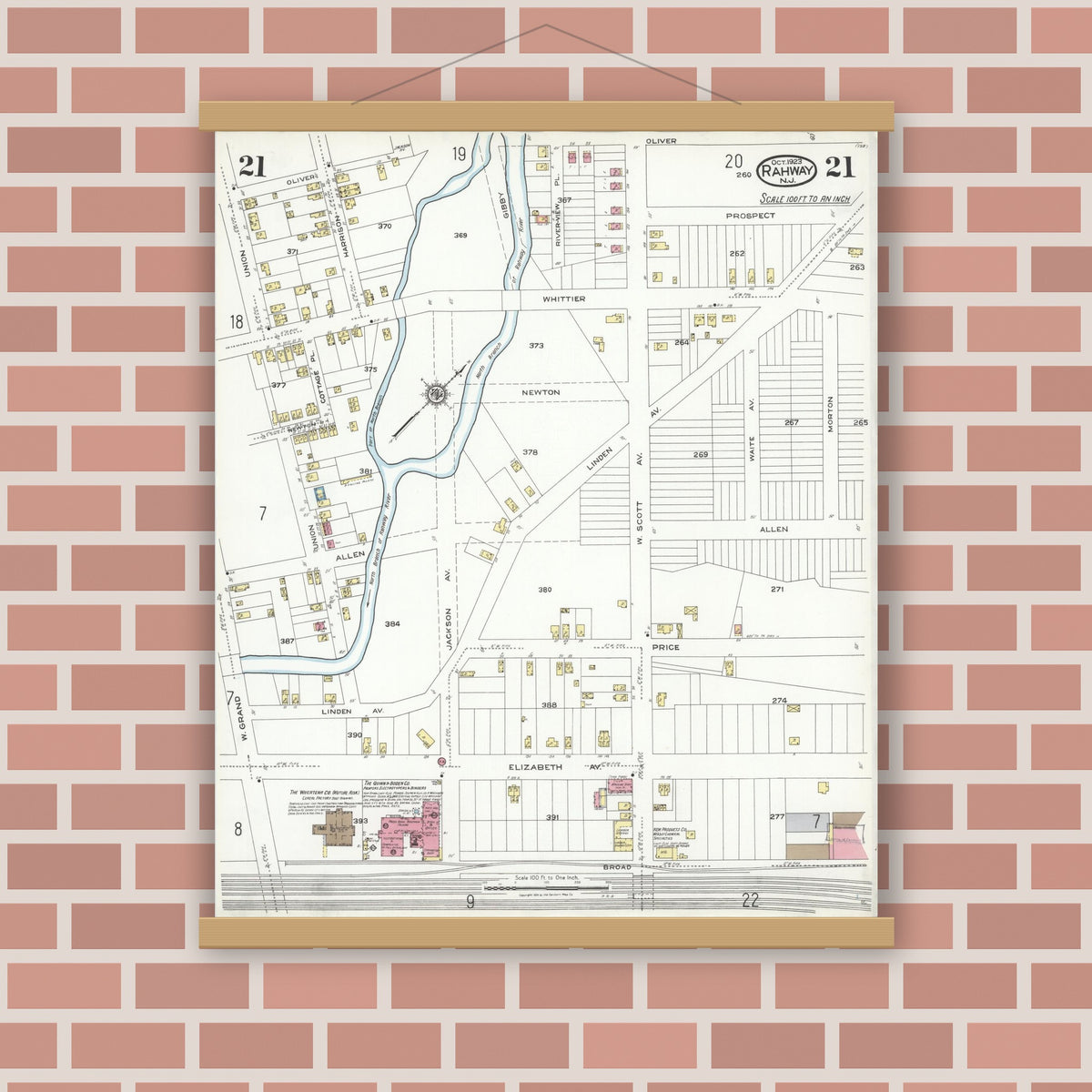 Old map wall art mockup — magnetic wood frame on brick wall — Sanborn Fire Insurance Map from Rahway, Union County, New Jersey (1923), Sheet #0021