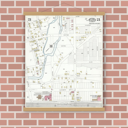 Old map wall art mockup — magnetic wood frame on brick wall — Sanborn Fire Insurance Map from Rahway, Union County, New Jersey (1923), Sheet #0021