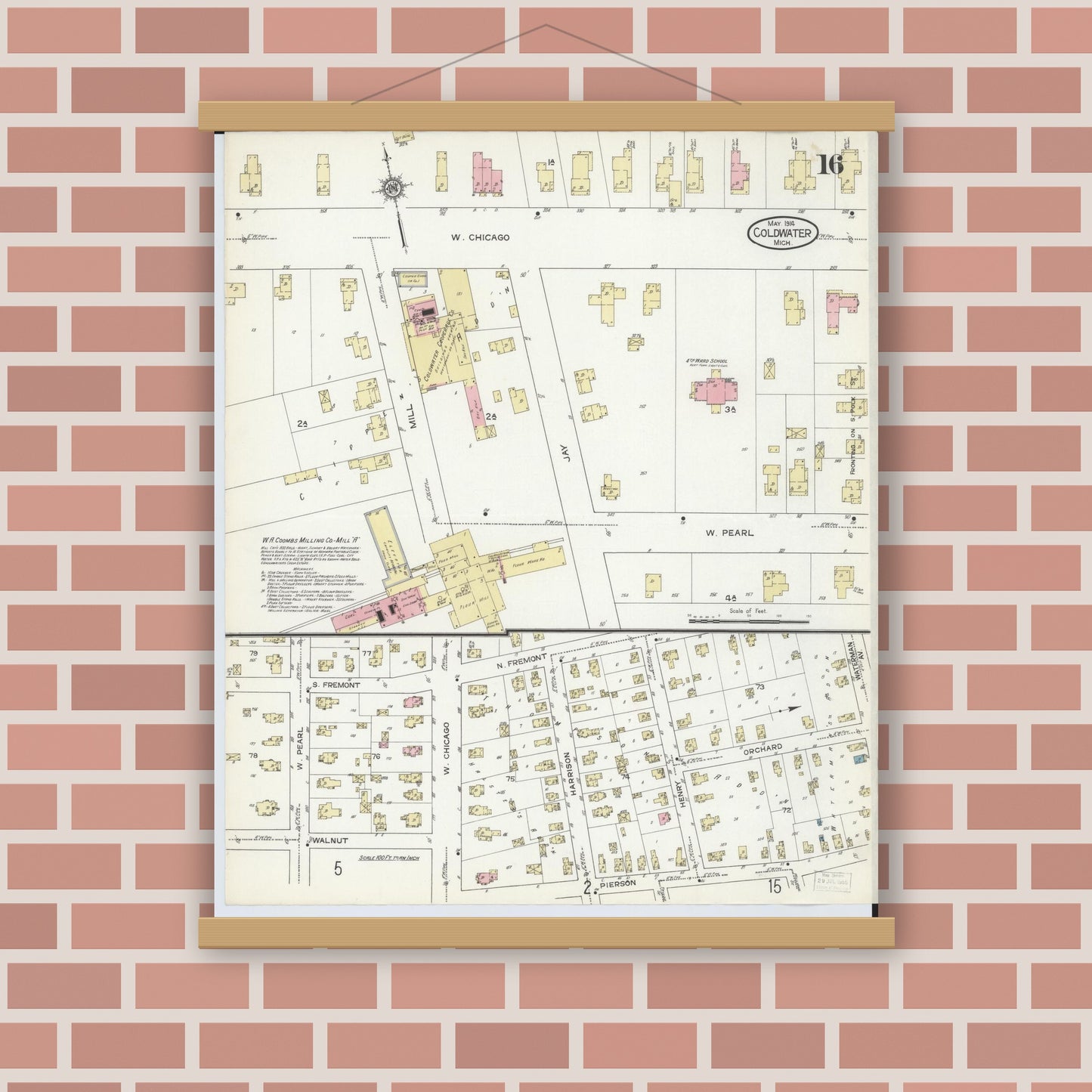 Old map wall art mockup — magnetic wood frame on brick wall — Sanborn Fire Insurance Map from Coldwater, Branch County, Michigan (1914), Sheet #0016