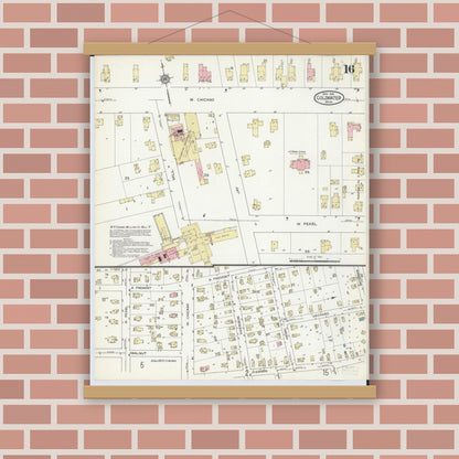 Old map wall art mockup — magnetic wood frame on brick wall — Sanborn Fire Insurance Map from Coldwater, Branch County, Michigan (1914), Sheet #0016