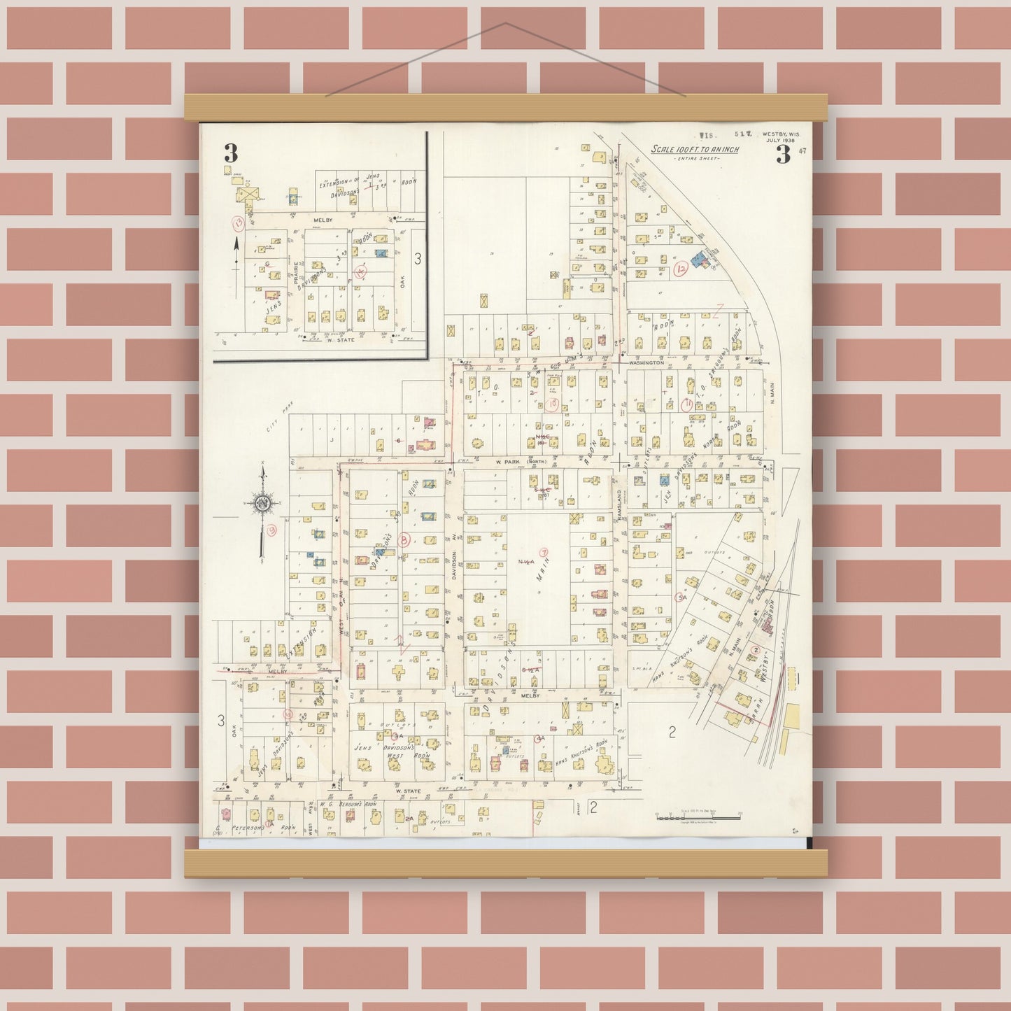 Old map wall art mockup — magnetic wood frame on brick wall — Sanborn Fire Insurance Map from Westby, Vernon County, Wisconsin (1940), Sheet #0003