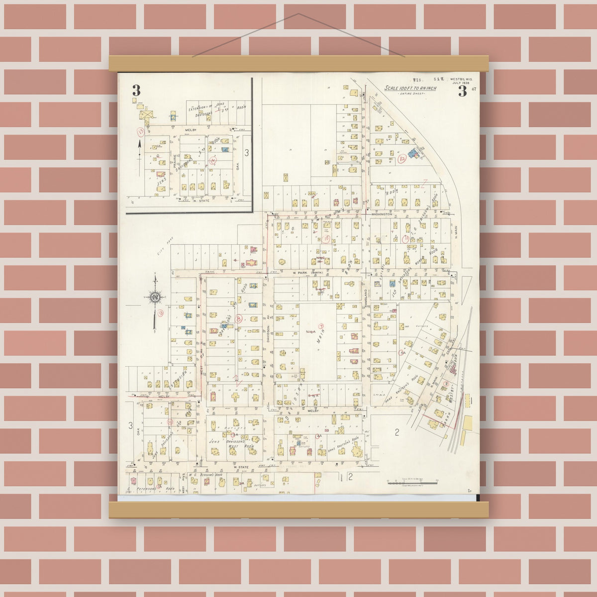 Old map wall art mockup — magnetic wood frame on brick wall — Sanborn Fire Insurance Map from Westby, Vernon County, Wisconsin (1940), Sheet #0003