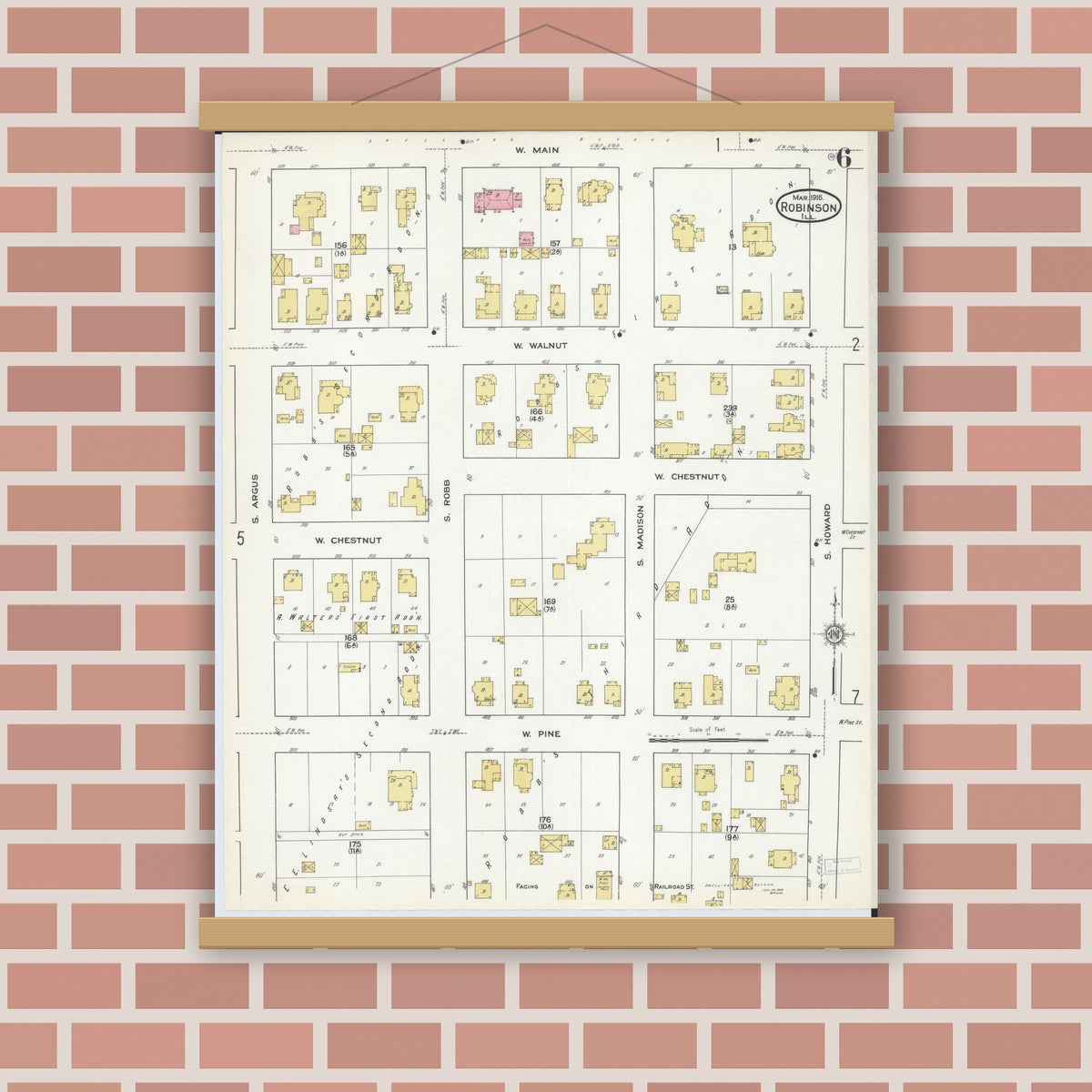Old map wall art mockup — magnetic wood frame on brick wall — Sanborn Fire Insurance Map from Robinson, Crawford County, Illinois (1916), Sheet #0006