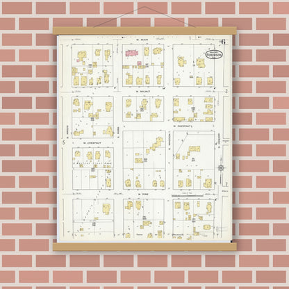 Old map wall art mockup — magnetic wood frame on brick wall — Sanborn Fire Insurance Map from Robinson, Crawford County, Illinois (1916), Sheet #0006