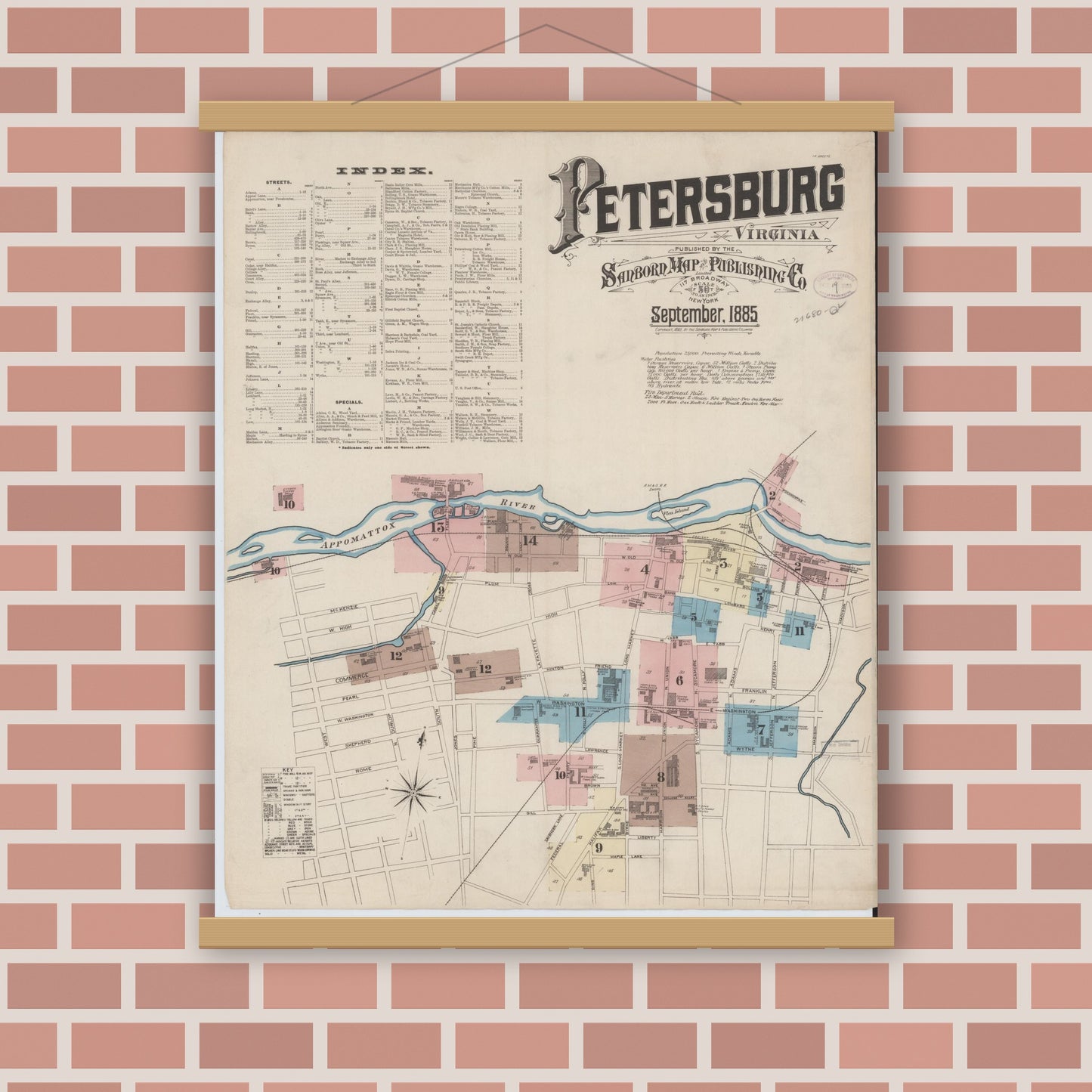 Old map wall art mockup — magnetic wood frame on brick wall — Sanborn Fire Insurance Map from Petersburg, Independent Cities, Virginia (1885), Sheet #0001
