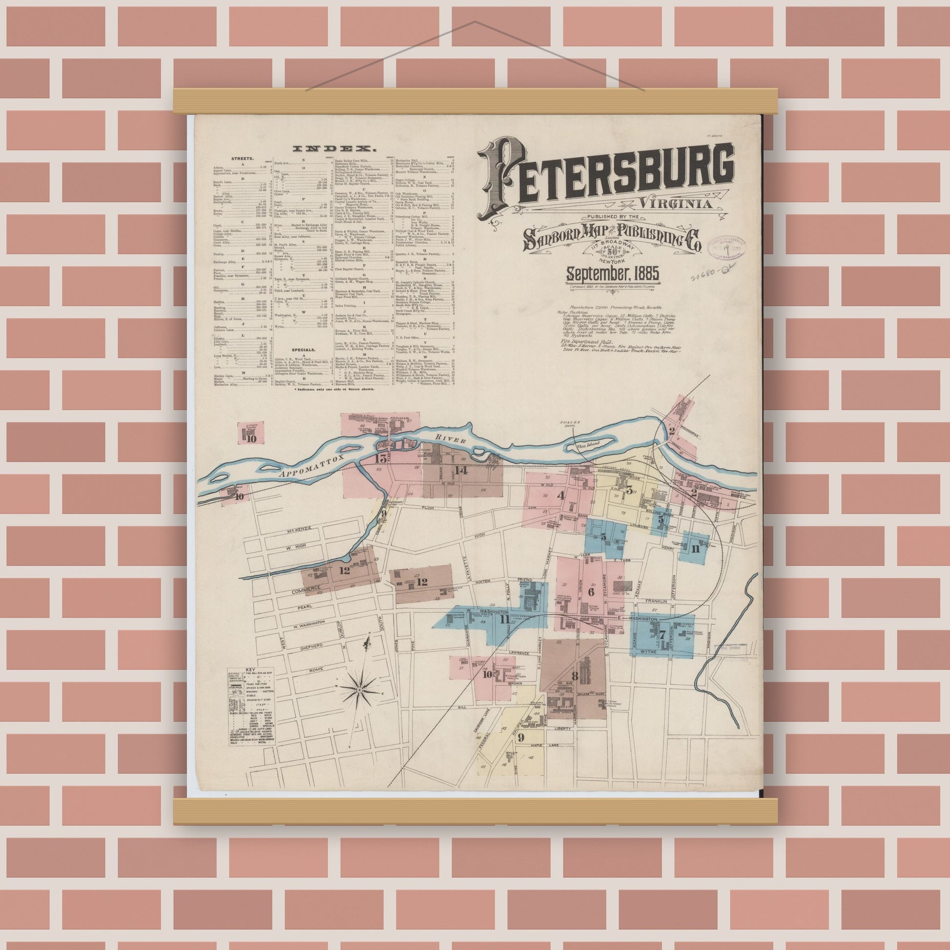 Old map wall art mockup — magnetic wood frame on brick wall — Sanborn Fire Insurance Map from Petersburg, Independent Cities, Virginia (1885), Sheet #0001