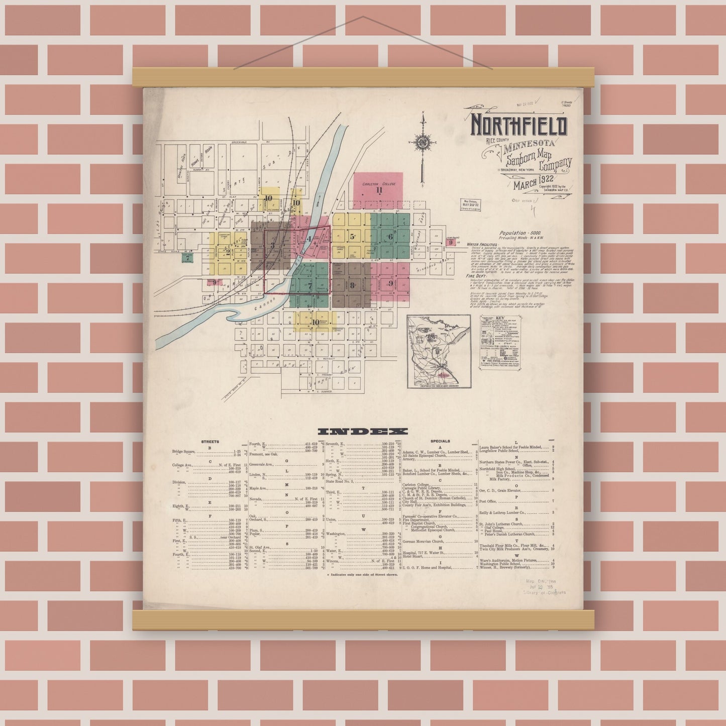 Old map wall art mockup — magnetic wood frame on brick wall — Sanborn Fire Insurance Map from Northfield, Rice County, Minnesota (1922), Sheet #0001