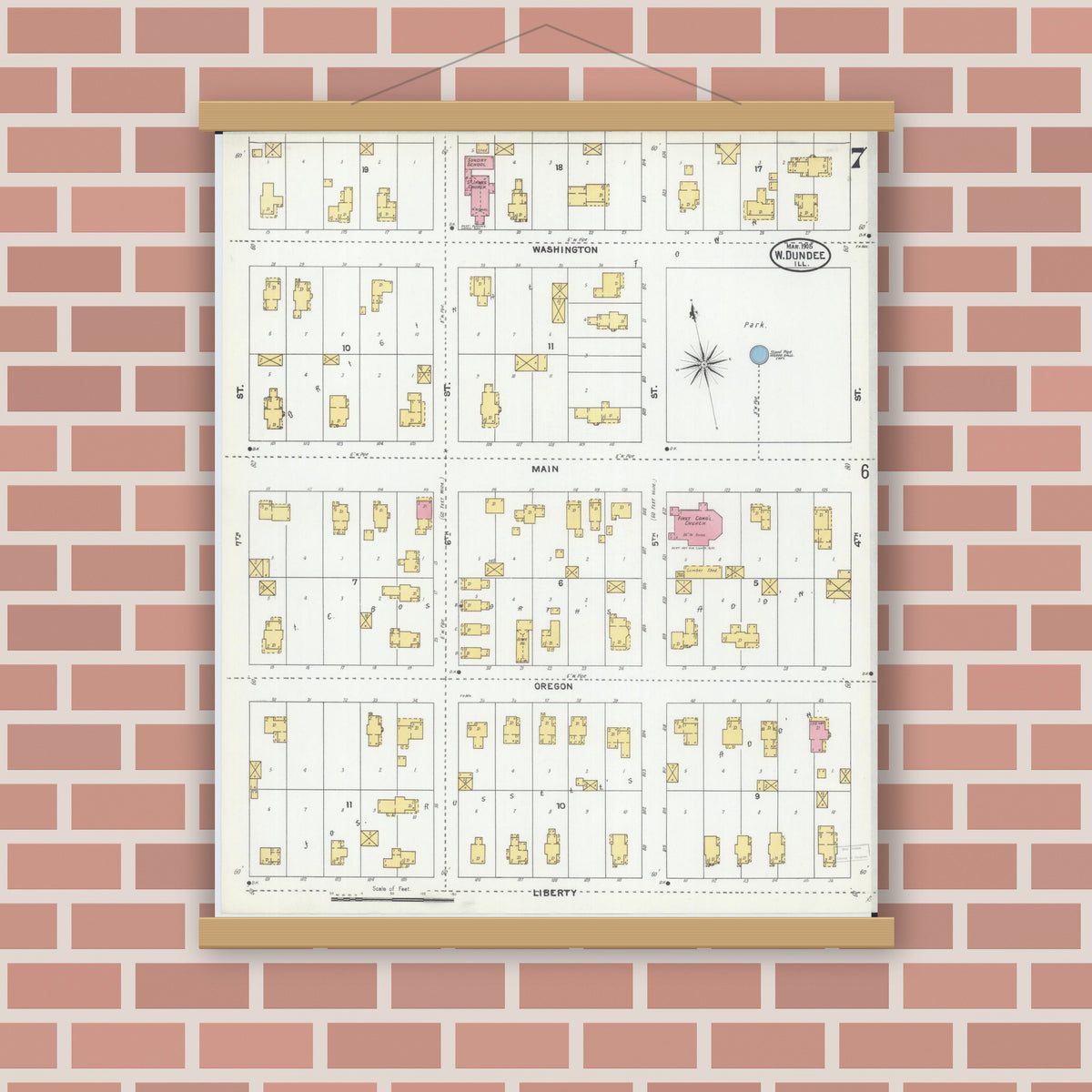 Old map wall art mockup — magnetic wood frame on brick wall — Sanborn Fire Insurance Map from Dundee, Kane County, Illinois (1905), Sheet #0007