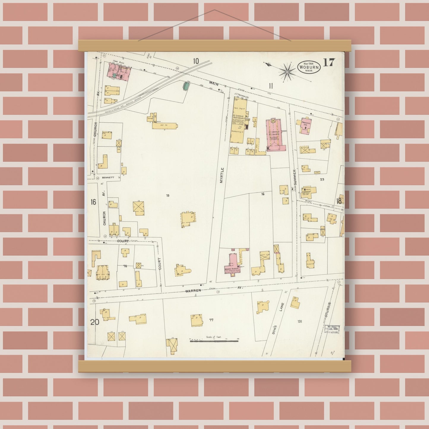 Old map wall art mockup — magnetic wood frame on brick wall — Sanborn Fire Insurance Map from Woburn, Middlesex County, Massachusetts (1904), Sheet #0017