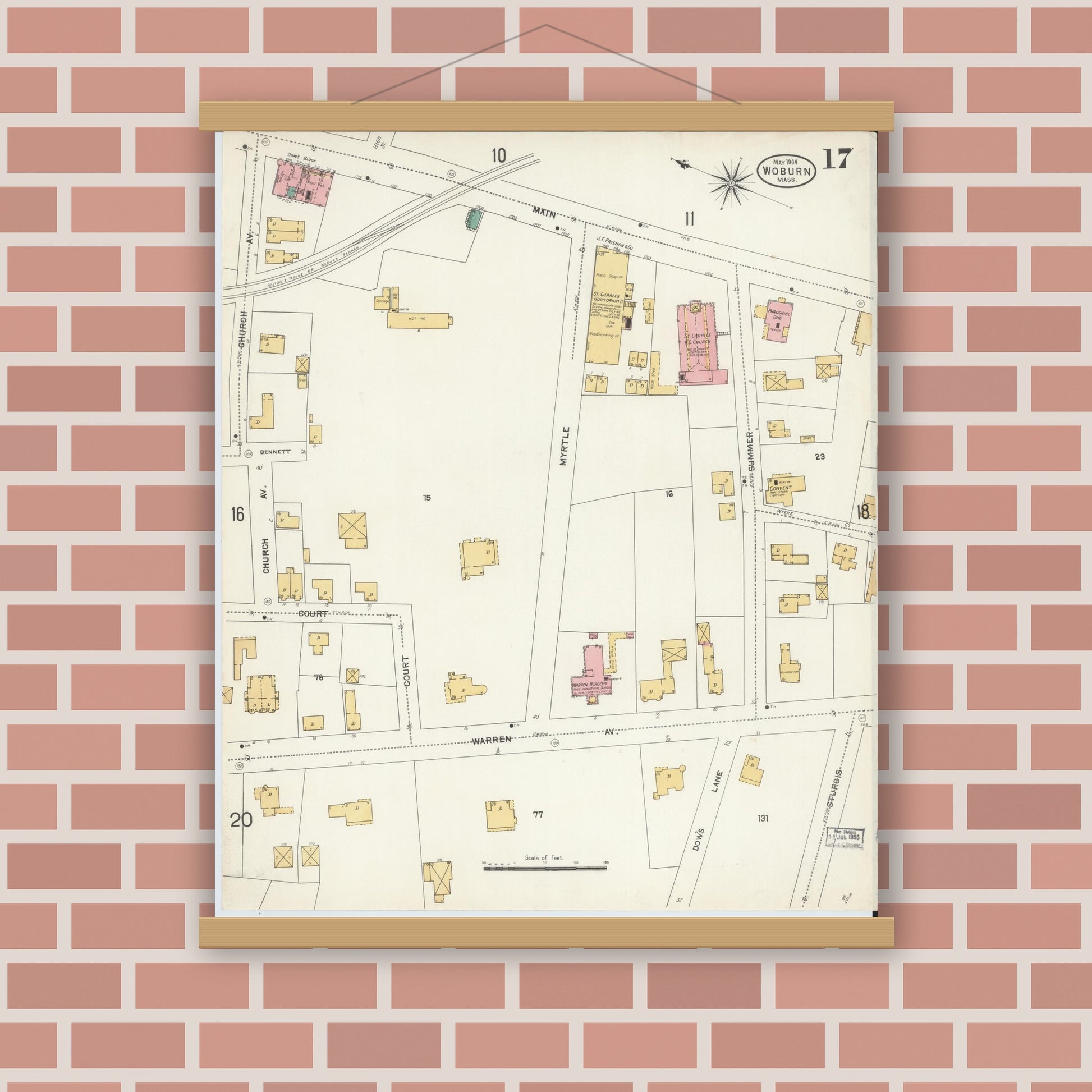 Old map wall art mockup — magnetic wood frame on brick wall — Sanborn Fire Insurance Map from Woburn, Middlesex County, Massachusetts (1904), Sheet #0017