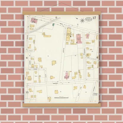 Old map wall art mockup — magnetic wood frame on brick wall — Sanborn Fire Insurance Map from Woburn, Middlesex County, Massachusetts (1904), Sheet #0017