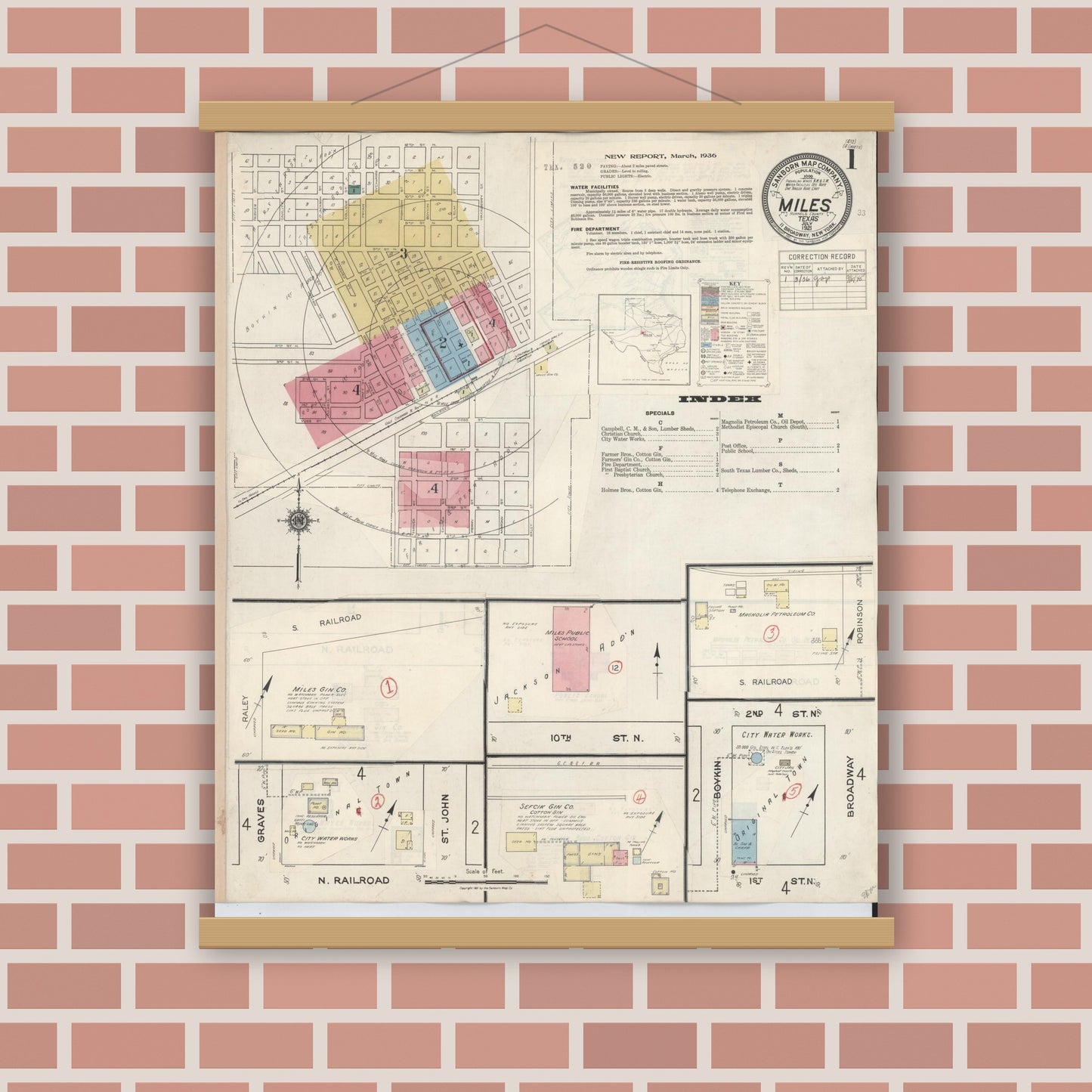 Old map wall art mockup — magnetic wood frame on brick wall — Sanborn Fire Insurance Map from Miles, Runnels County, Texas (1936), Sheet #0001