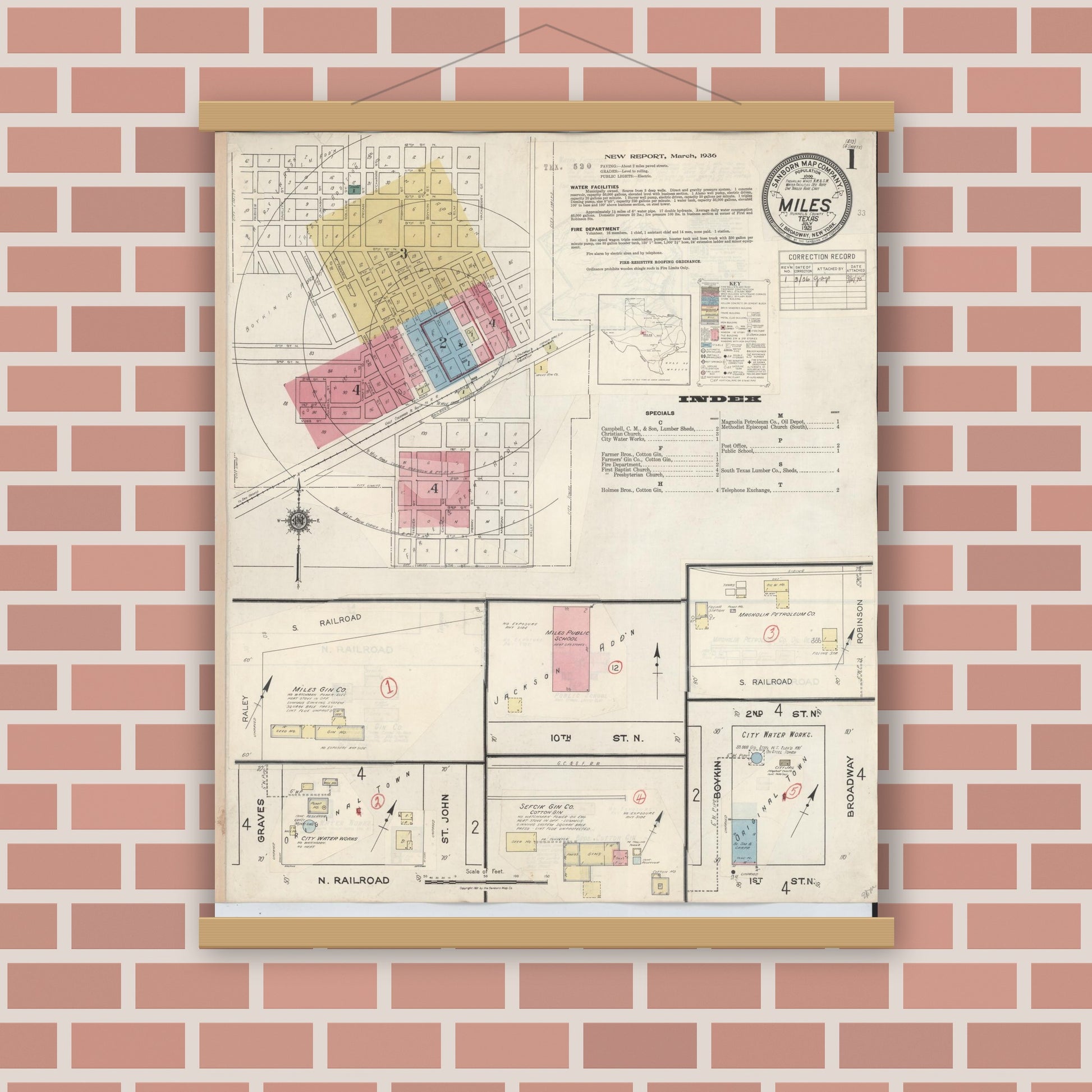 Old map wall art mockup — magnetic wood frame on brick wall — Sanborn Fire Insurance Map from Miles, Runnels County, Texas (1936), Sheet #0001