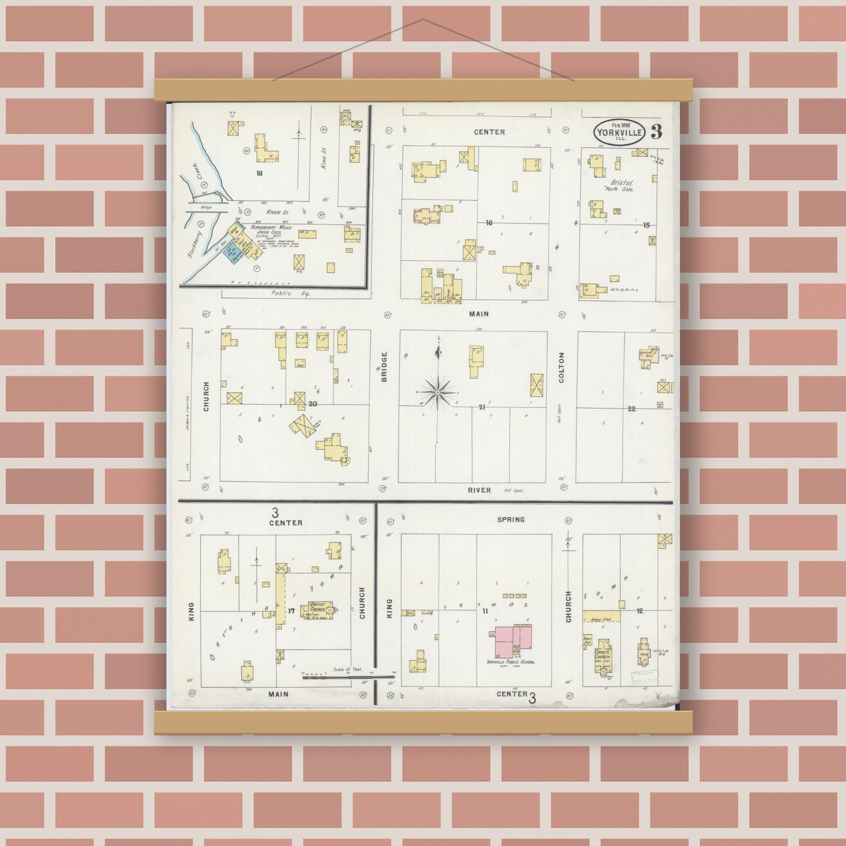 Old map wall art mockup — magnetic wood frame on brick wall — Sanborn Fire Insurance Map from Yorkville, Kendall County, Illinois (1898), Sheet #0003