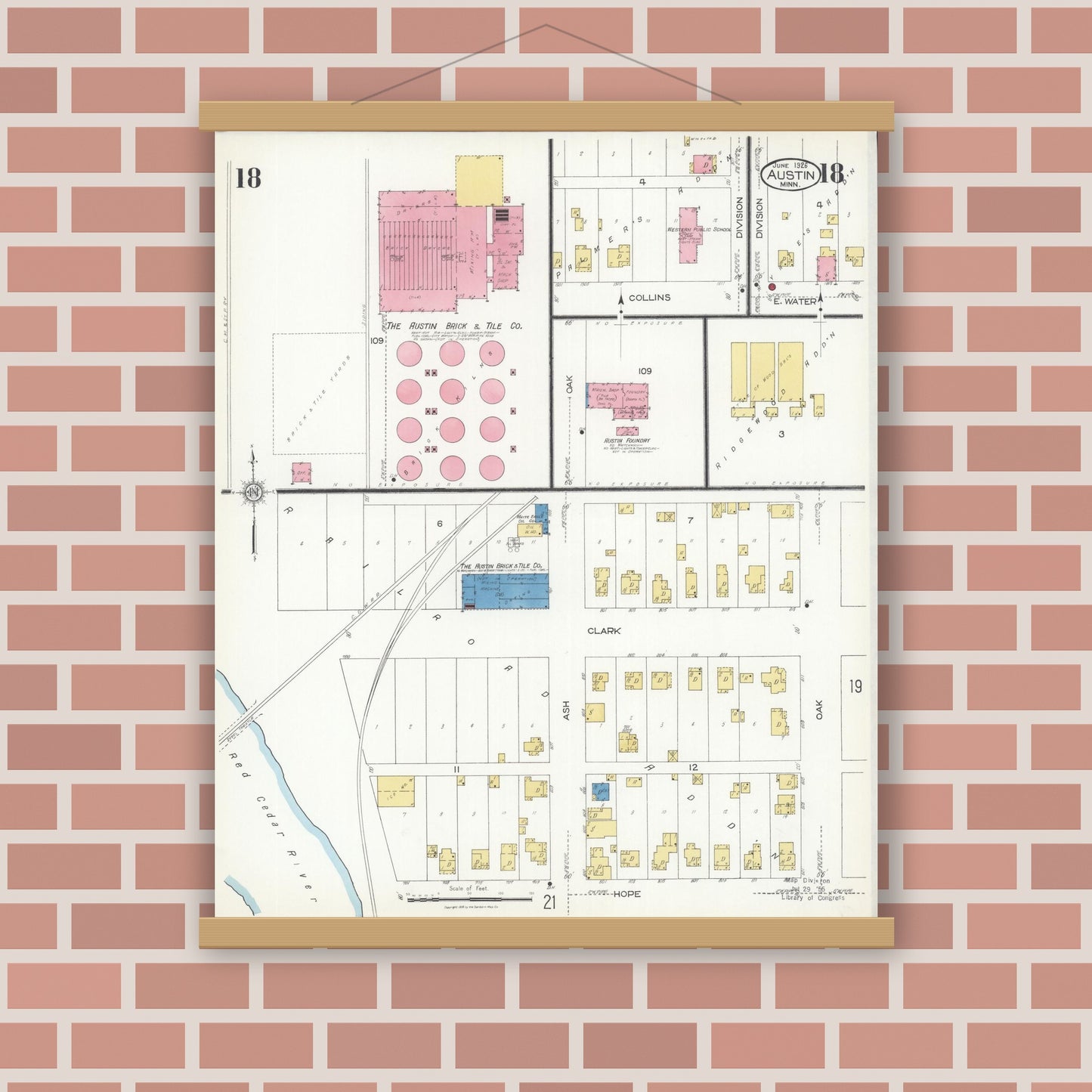 Old map wall art mockup — magnetic wood frame on brick wall — Sanborn Fire Insurance Map from Austin, Mower County, Minnesota (1926), Sheet #0018