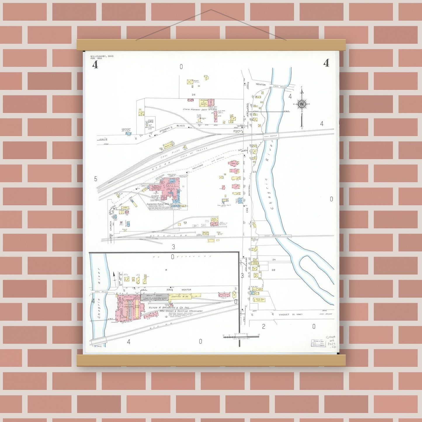 Old map wall art mockup — magnetic wood frame on brick wall — Sanborn Fire Insurance Map from Willoughby, Lake County, Ohio (1952), Sheet #0004