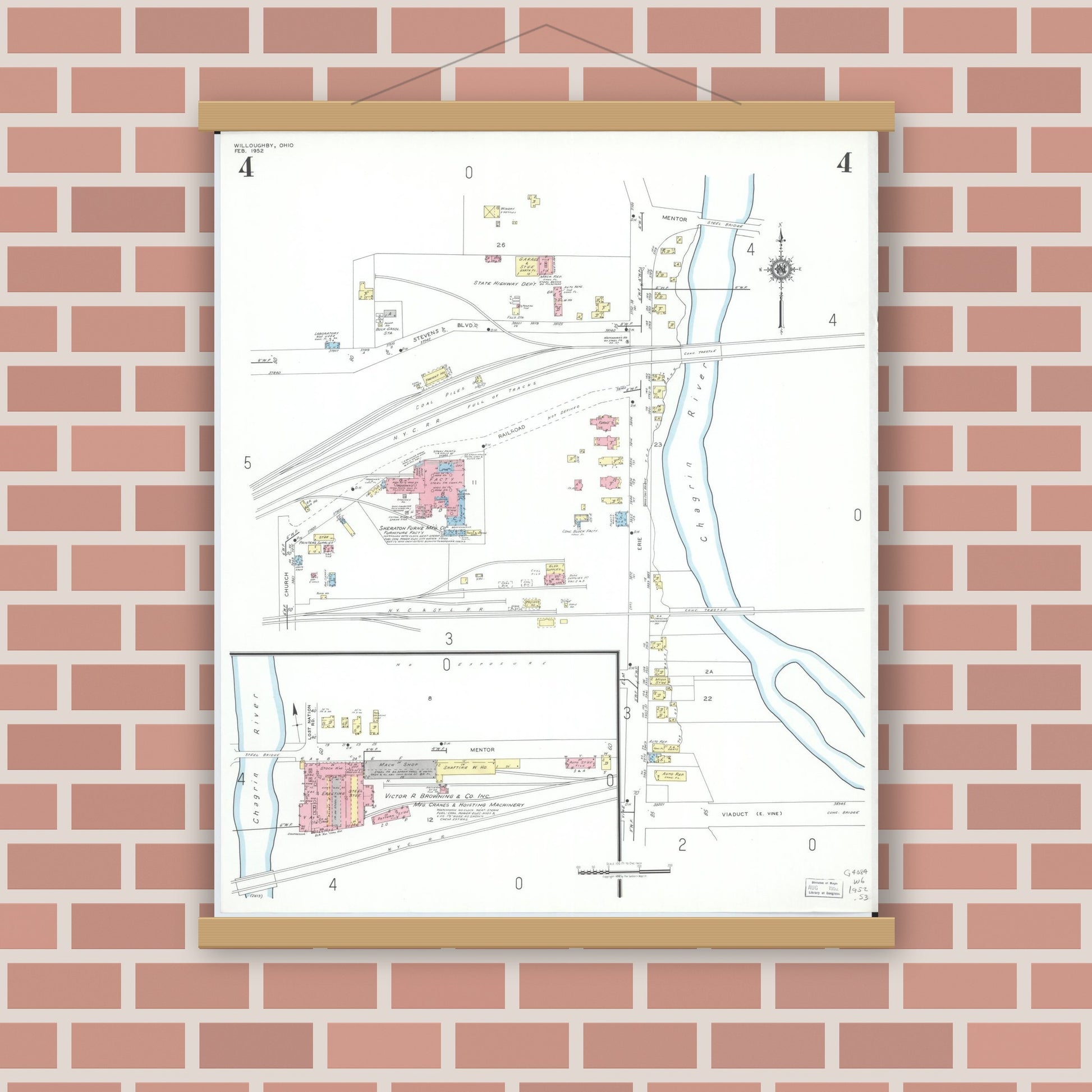 Old map wall art mockup — magnetic wood frame on brick wall — Sanborn Fire Insurance Map from Willoughby, Lake County, Ohio (1952), Sheet #0004