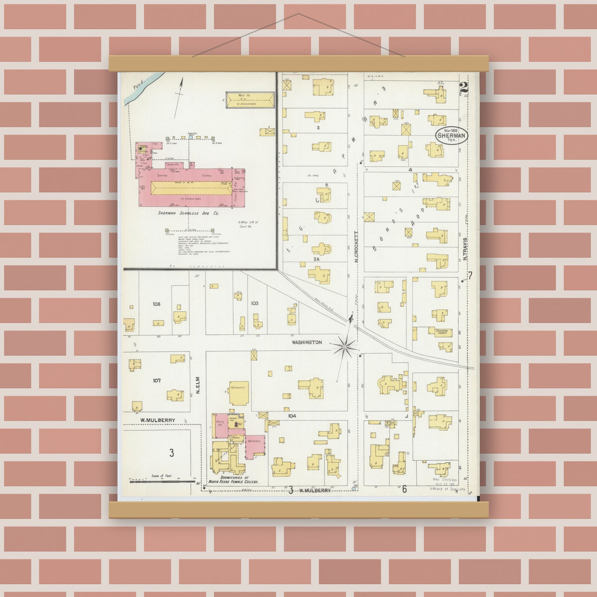 Old map wall art mockup — magnetic wood frame on brick wall — Sanborn Fire Insurance Map from Sherman, Grayson County, Texas (1902), Sheet #0002