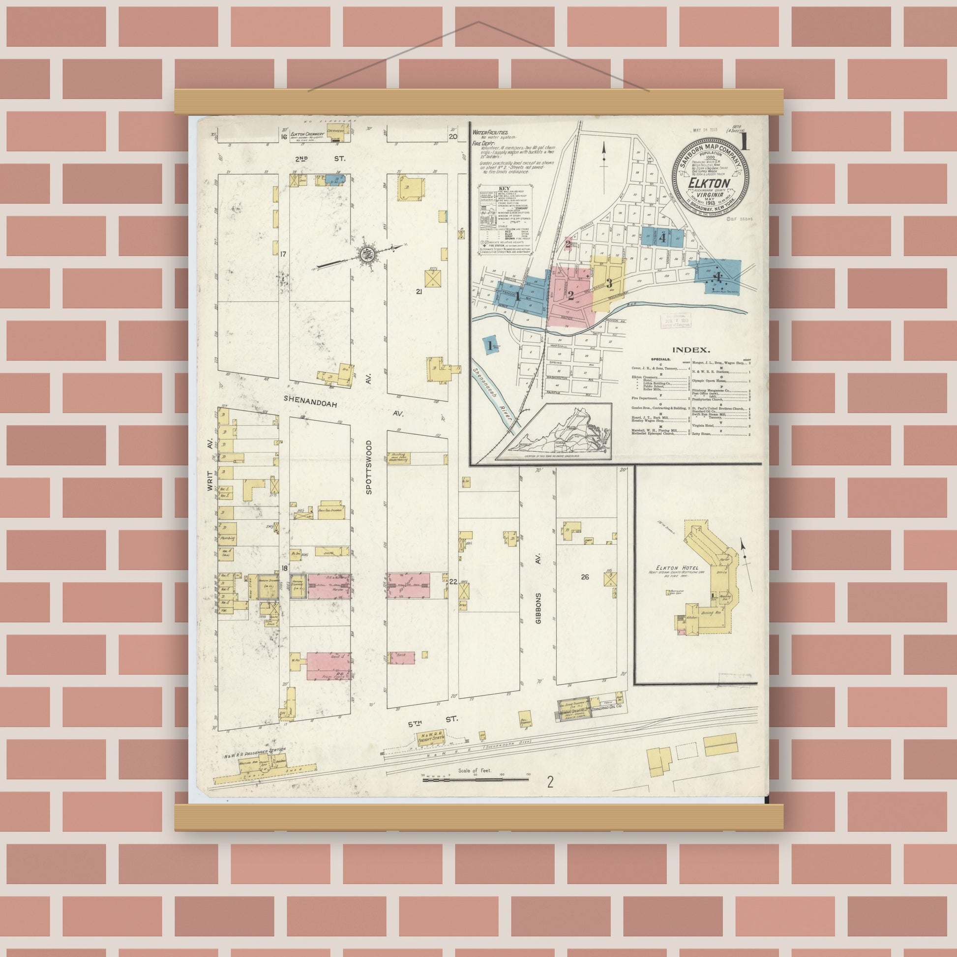 Old map wall art mockup — magnetic wood frame on brick wall — Sanborn Fire Insurance Map from Elkton, Rockingham County, Virginia (1913), Sheet #0001