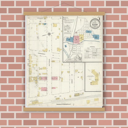 Old map wall art mockup — magnetic wood frame on brick wall — Sanborn Fire Insurance Map from Elkton, Rockingham County, Virginia (1913), Sheet #0001