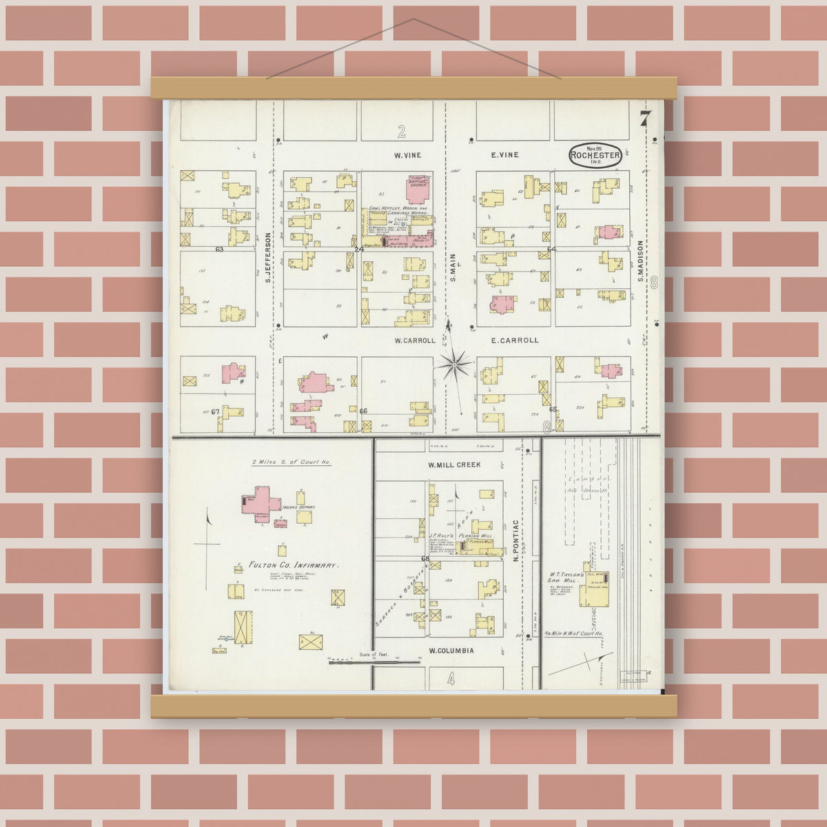 Old map wall art mockup — magnetic wood frame on brick wall — Sanborn Fire Insurance Map from Rochester, Fulton County, Indiana (1895), Sheet #0007